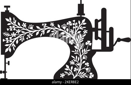 Floral Sewing Machine (Vintage Design) Black and White. Vector Illustration. Stock Vector