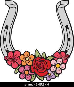 Horseshoe with Flowers Color (Floral Design). Vector Illustration. Stock Vector