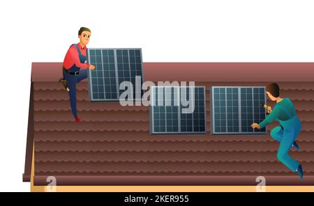 Two workers install solar panels on roof. Alternative energy. Renewable sources of electrical energy. Workers work on roof. Service illustration Isola Stock Vector