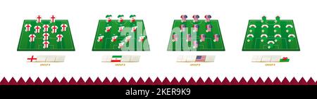 Football field with team lineup for Group B of soccer competition. Soccer players on half football field. Stock Vector