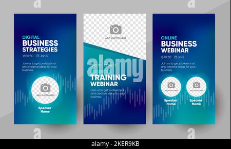 Business webinar social media story template. Background and illustration for social media banner post design in vector. Editable layout with a place for pictures. Stock Vector