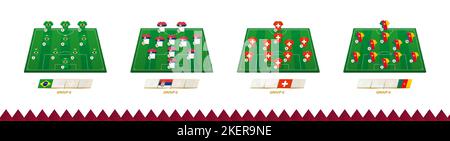 Football field with team lineup for Group G of soccer competition. Soccer players on half football field. Stock Vector