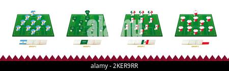 Football field with team lineup for Group C of soccer competition. Soccer players on half football field. Stock Vector