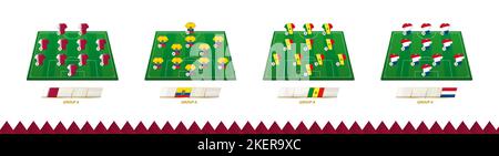 Football field with team lineup for Group A of soccer competition. Soccer players on half football field. Stock Vector