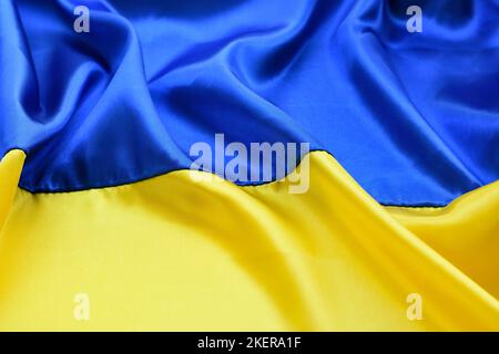 Flag ukraine silk background, Detailed wavy fabric structure. The flag of Ukraine. Detailed wavy fabric structure. Top view Stock Photo