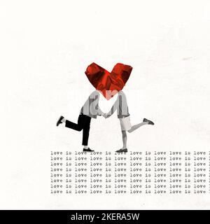Contemporary art collage. Creative design in retro style. Two men kissing behind heart shape. Equal love. LGBT Stock Photo