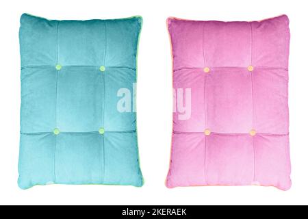 Two pillow isolated on white background with clipping path. Close-up of blue and pink pillow isolated on a white background. Pillow for sleeping. Stock Photo