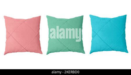 Three pillow isolated on white background with clipping path. Close-up of red, green and blue  pillow isolated on a white background. Pillow for sleep Stock Photo