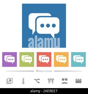 Two rounded square active chat bubbles solid flat white icons in square backgrounds. 6 bonus icons included. Stock Vector