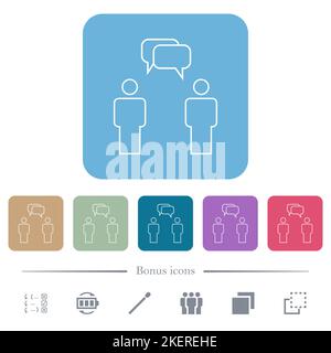 Two talking persons with rounded square bubbles outline white flat icons on color rounded square backgrounds. 6 bonus icons included Stock Vector