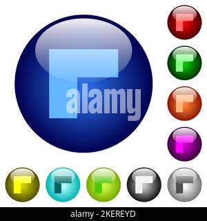 Top left 90 degrees angle arrow solid icons on round glass buttons in multiple colors. Arranged layer structure Stock Vector