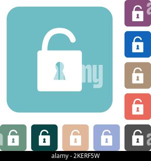 Unlocked padlock with keyhole white flat icons on color rounded square backgrounds Stock Vector