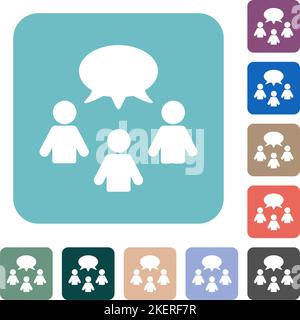 Three talking persons with oval bubble solid white flat icons on color rounded square backgrounds Stock Vector