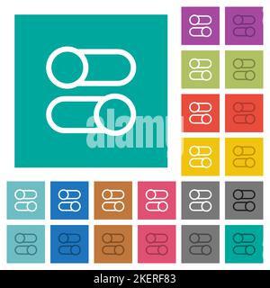 Horizontal toggle switches outline multi colored flat icons on plain square backgrounds. Included white and darker icon variations for hover or active Stock Vector