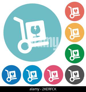 Fragile parcel delivery solid flat white icons on round color backgrounds Stock Vector