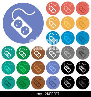 Portable electrical outlet with two sockets and cord solid multi colored flat icons on round backgrounds. Included white, light and dark icon variatio Stock Vector