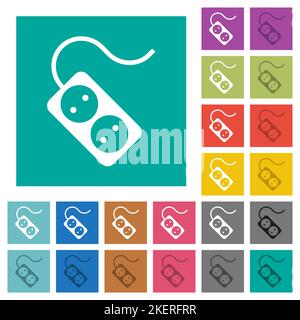 Portable electrical outlet with two sockets and cord solid multi colored flat icons on plain square backgrounds. Included white and darker icon variat Stock Vector