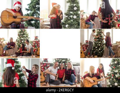 Collage of photos with happy family on winter day Christmas. Stock Photo