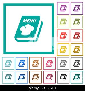 Menu with chef hat flat color icons with quadrant frames on white background Stock Vector