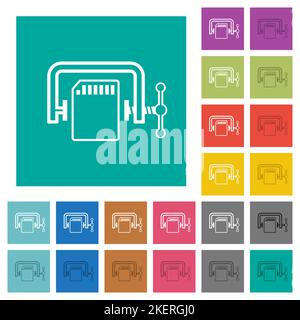 SD memory card compress outline multi colored flat icons on plain square backgrounds. Included white and darker icon variations for hover or active ef Stock Vector