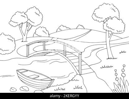 Bridge graphic river black white landscape sketch illustration vector ...