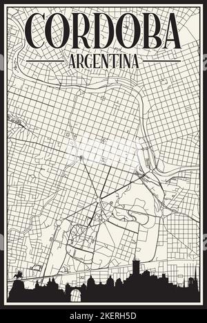 White vintage hand-drawn printout streets network map of the downtown CORDOBA, ARGENTINA with highlighted city skyline and lettering Stock Vector