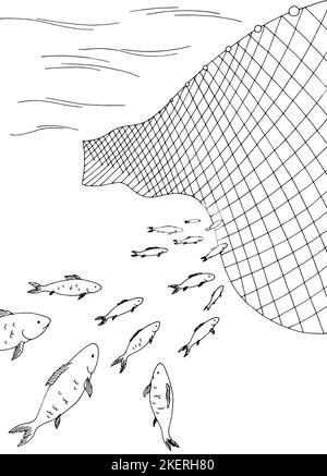 School of fish moving into the fishing net graphic sea black white vertical sketch illustration vector Stock Vector