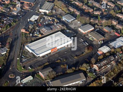 aerial view of the Highfield Industrial Estate in Chorley, Lancashire with the large B&Q store prominent in the foreground