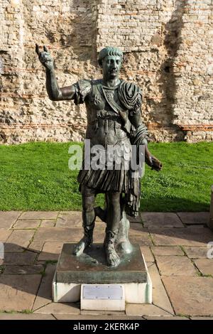 Bronze statue of the emperor Trajan, AD 98-117, Imperator Caesar Nerva Trajanus, Augustus. Presented by the Tower Hill Improvements Trust. London Stock Photo