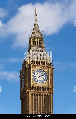 A closeup of the Neo-Gothic Big Ben and the Elizabeth Tower at the Palace of Westminster - British cultural icon known worldwide. London, England Stock Photo