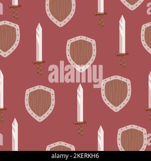 Battle axe and medieval sword. Seamless pattern. Weapon texture. Vikings ornament. Printable design. Wallpaper element. Random square pattern. Stock Vector
