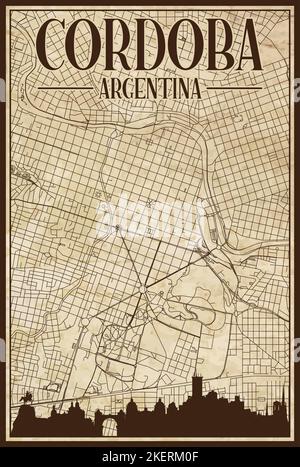 Brown vintage hand-drawn printout streets network map of the downtown CORDOBA, ARGENTINA with highlighted city skyline and lettering Stock Vector