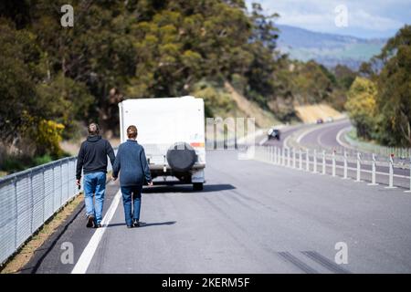 old couple travelling on a vaccation on a highway in america in spring Stock Photo