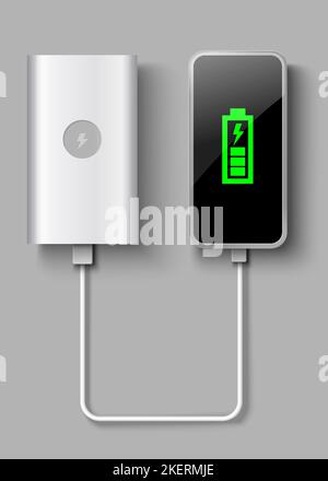 Powerbank vector. Realistic portable mobile power charger. 3d mockup battery with usb cable isolated on grey background. Phone charging via external c Stock Vector