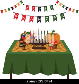 Happy Kwanzaa. A festive table with a woven mat, unity cup, kinara, gifts and a fruit basket. Celebrating the African American holiday of Kwanzaa. Car Stock Vector