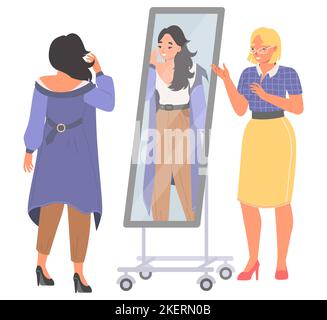 Premium Vector  Professional shopper female character use help of personal  fashion stylist choose stylish clothes. tiny woman chatting with wardrobe  consultant online via laptop. cartoon people vector illustration