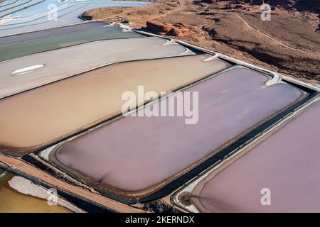 Evaporation ponds at a potash mine using a solution mining method for extracting potash near Moab, Utah. Stock Photo