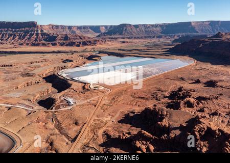 Evaporation ponds at a potash mine using a solution mining method for extracting potash near Moab, Utah. Stock Photo