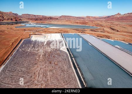 Evaporation ponds at a potash mine using a solution mining method for extracting potash near Moab, Utah. Stock Photo