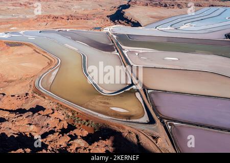 Evaporation ponds at a potash mine using a solution mining method for extracting potash near Moab, Utah. Stock Photo