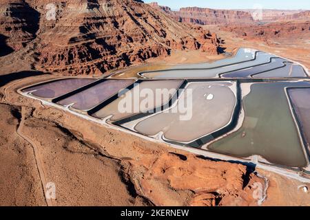 Evaporation ponds at a potash mine using a solution mining method for extracting potash near Moab, Utah. Stock Photo