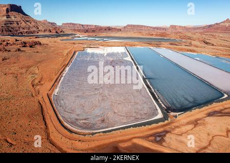 Evaporation ponds at a potash mine using a solution mining method for extracting potash near Moab, Utah. Stock Photo