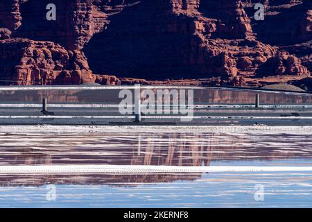 Evaporation ponds at a potash mine using a solution mining method for extracting potash near Moab, Utah. Stock Photo