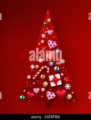Creative triangle Christmas tree made of shiny balls, confetti, candies and hearts. Merry Christmas and happy new year. Vector illustration Stock Vector