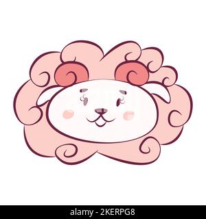 Cute kawaii head of a cartoon lamb. Vector pink flat monochrome illustration. Beautiful good fluffy sheep. Print for baby and children's clothes. Hand draw and doodle style image. Cozy clipart. Stock Vector