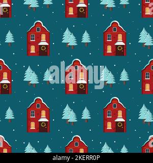Seamless pattern with cute houses with a bright roof on the snow, light in the windows and chimneys. Merry holiday print, New Year and Christmas decorations. Winter and festive background Stock Vector