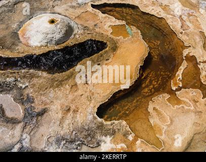 This bubbling mineral water spring is one of the sources of water that formed the Cascada Chica or Small Waterfall at Hierve el Agua, near Mitla, Mexi Stock Photo