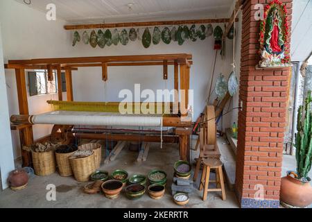 A wooden foot treadle loom for making woolen rugs in the weaving center of Teotitlan del Valle, Oaxaca, Mexico.  On the wall behind hangs nopal cactus Stock Photo