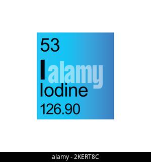 Iodine chemical element of Mendeleev Periodic Table on blue background. Colorful vector illustration - shows number, symbol, name and atomic weight. Stock Vector