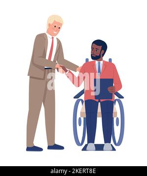 Boss shaking hands with disabled employee semi flat color vector characters Stock Vector